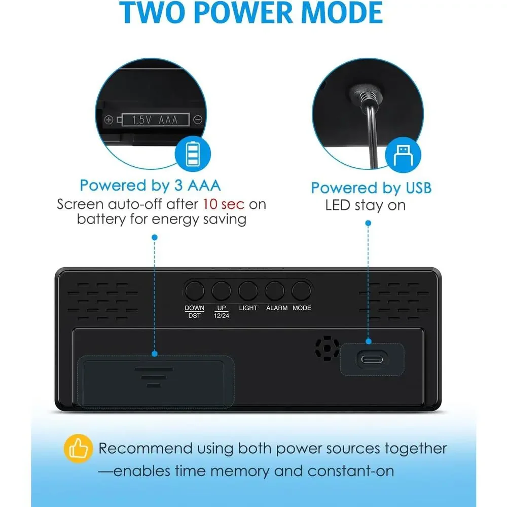 Digital Alarm Clock LED Type C or AAA Battery Operated Snooze 12/24H Mirror